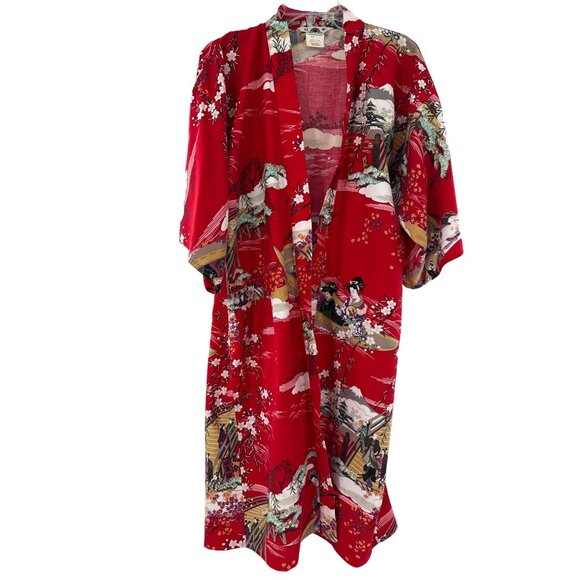 Japanese Geisha Kimono Robe Red Floral Geisha Print Belt missing - Picture 1 of 8